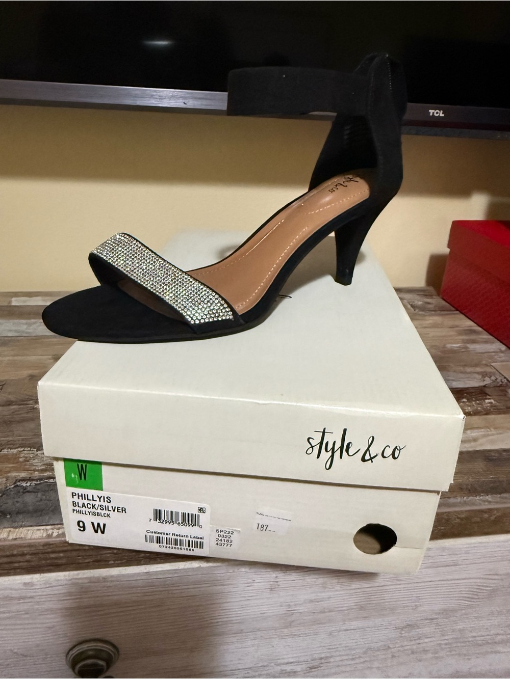 Style & Co. Black and Silver Rhinestone Ankle-Strap Heel